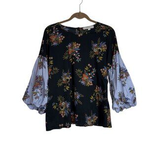 LOFT Black Multicolour Floral Blouse Top Puffy Sleeves Cotton Cottagecore Office